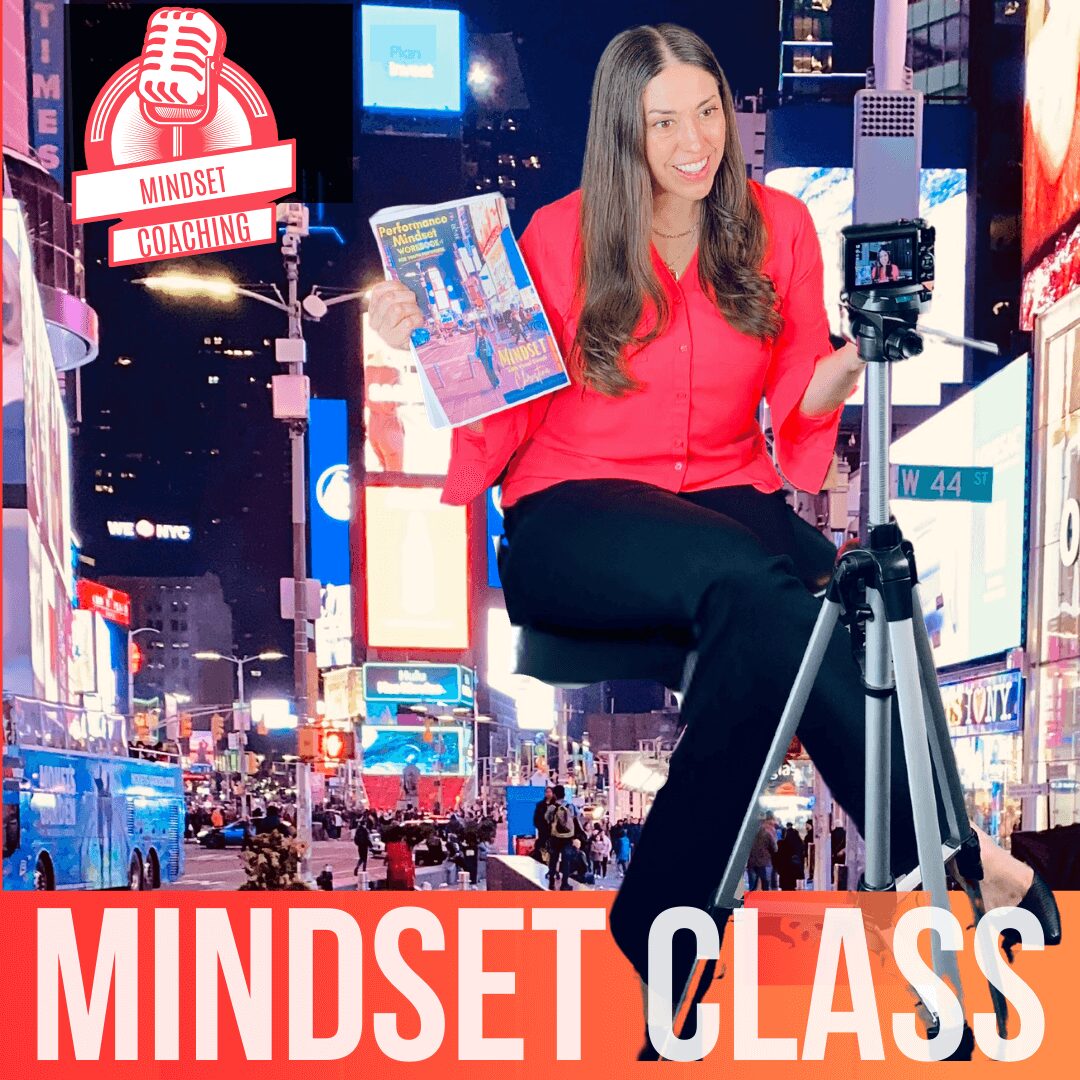Coach Christina holding Performing Arts Mindset Class worksheets in a studio