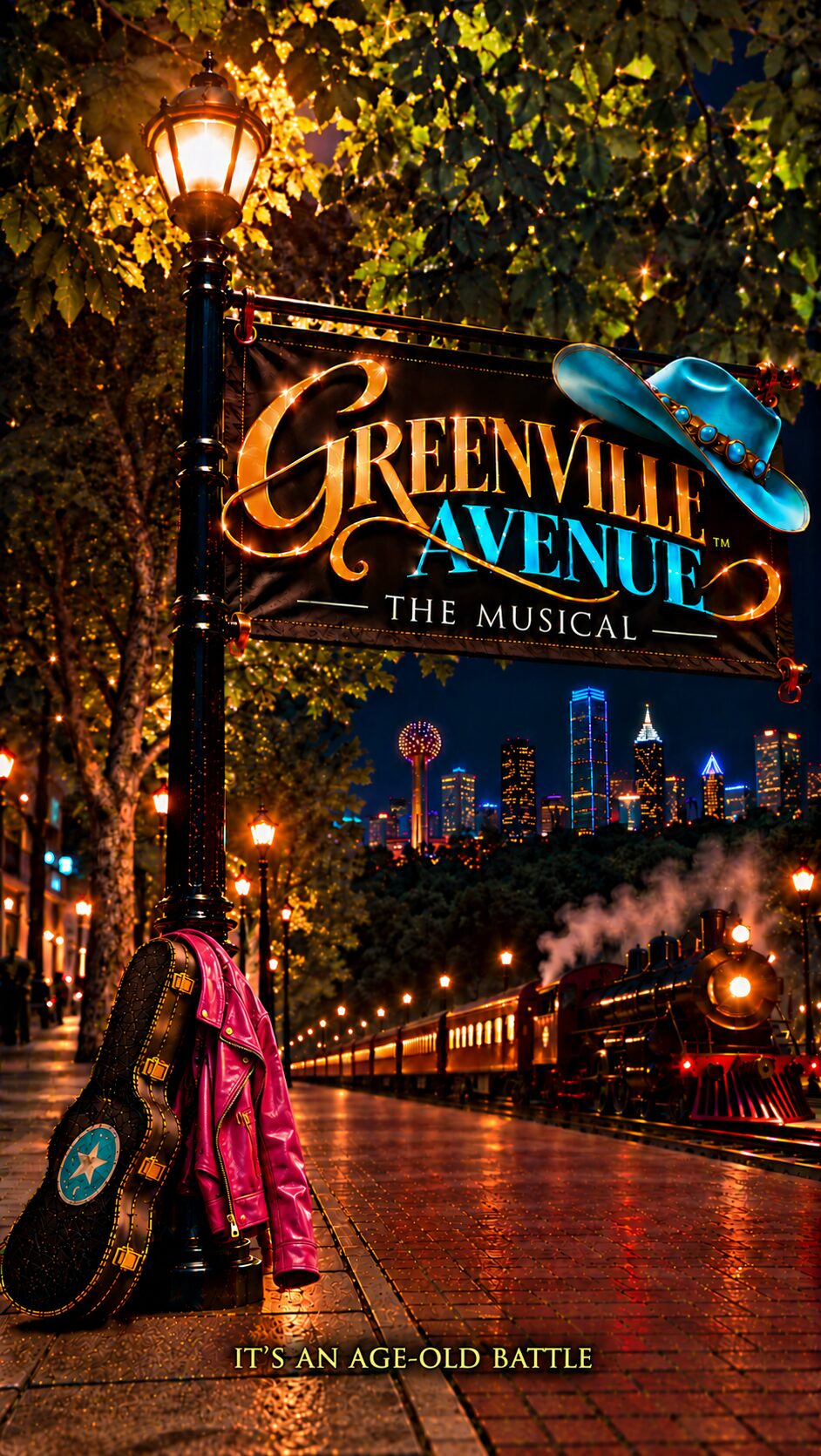 Greenville Avenue: The Musical branding artwork: a lamppost sign on a brick-paved Dallas street at night, a guitar case with a pink jacket, a vintage steam train and the city skyline