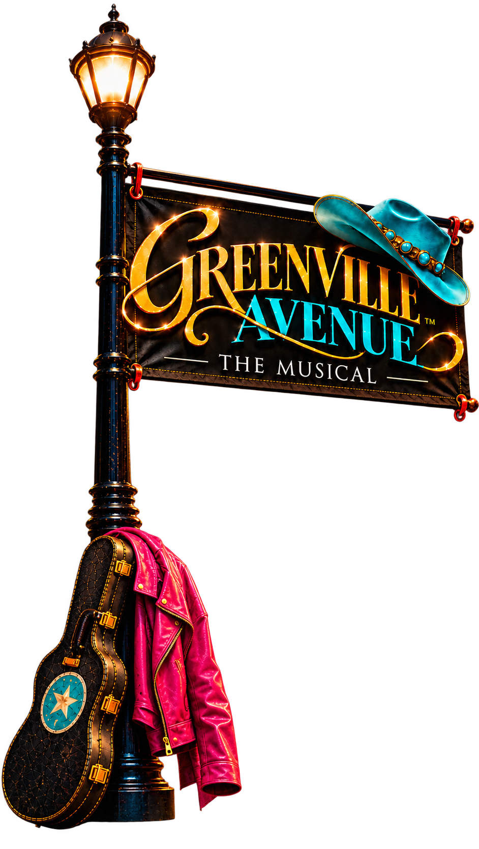 Streetlamp with guitar case and pink jacket