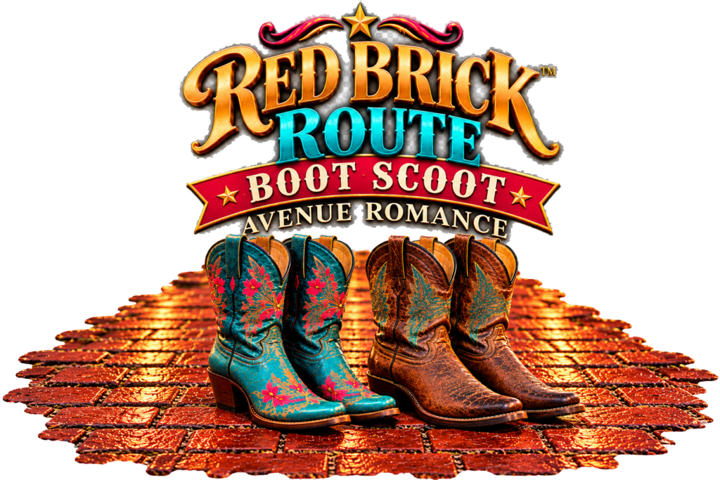 Red Brick Route Boot Scoot, Avenue Romance logo with cowboy boots on a red brick road